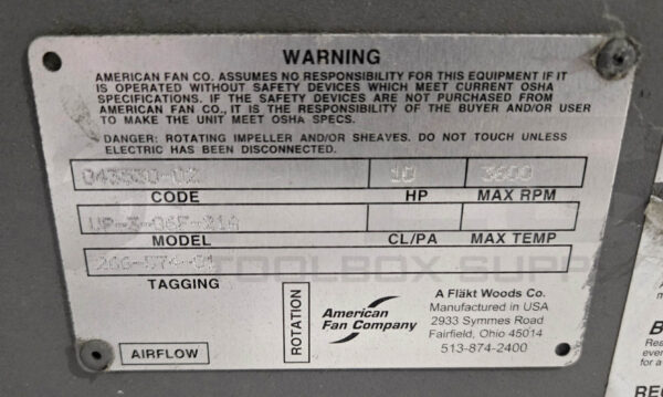 NEW AMERICAN FAN COMPANY UP-3-06F-21A BLOWER 3600RPM W/ WEG 01036ET3E215T-W22 - Image 6