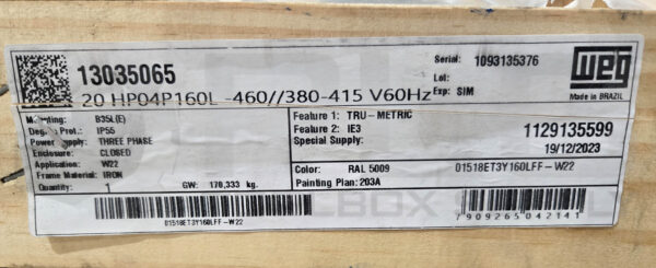 NEW WEG 01518ET3Y160LFF-W22 MOTOR 3PH 20HP 1778RPM - Image 7
