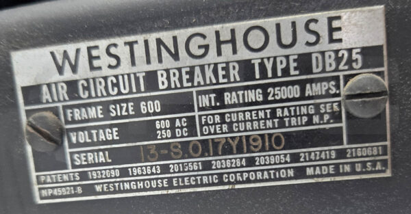 NEW WESTINGHOUSE DB25 AIR CIRCUIT BREAKER 25000AMP 600AC 250DC SIZE: 600 - Image 6