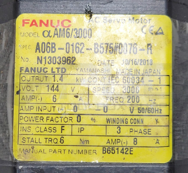 FANUC A06B-0162-B575#0076-R AC SERVO MOTOR 1.4KW 144V 3000RPM 200HZ 6A 50/60HZ - Image 5