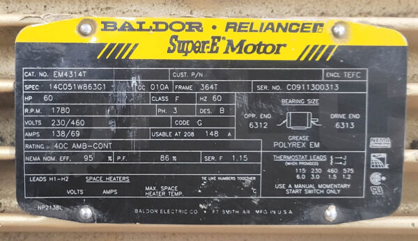 BALDOR EM4314T SUPER-E MOTOR SPEC 14C051W863G1 FRAME 354T 60HP 60HZ 138/69A - Image 8