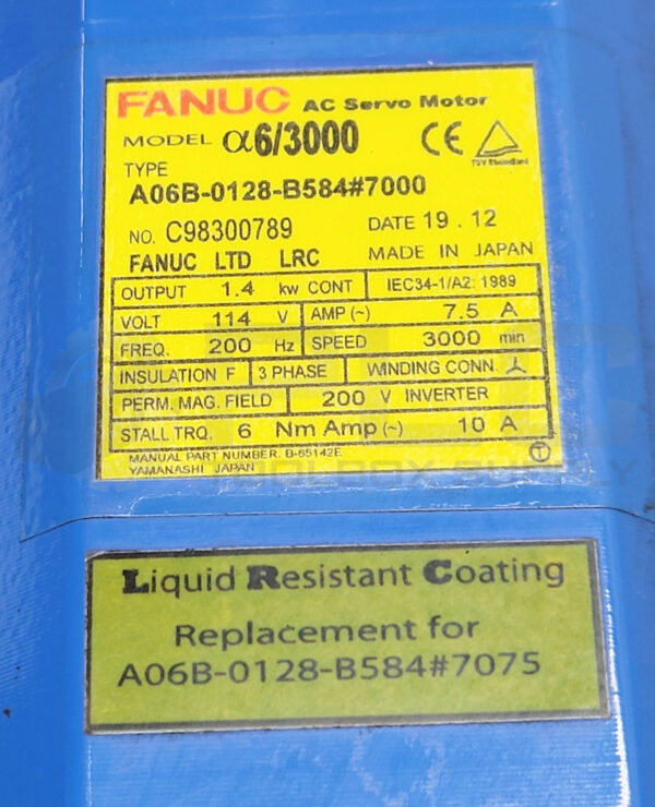 REPAIRED FANUC A06B-0128-B584#7000 AC SERVO MOTOR W/ LIQUID RESISTANT COATING - Image 7