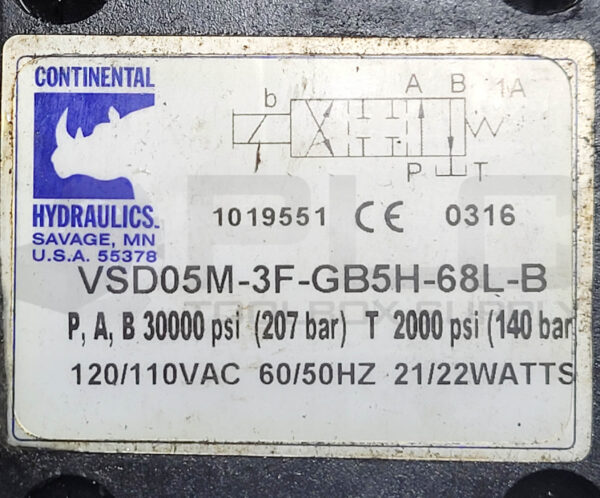 CONTINENTAL HYDRAULICS VSD05M-3F-GB5H-68L-B SOLENOID VALVE 3000/2000PSI - Image 4