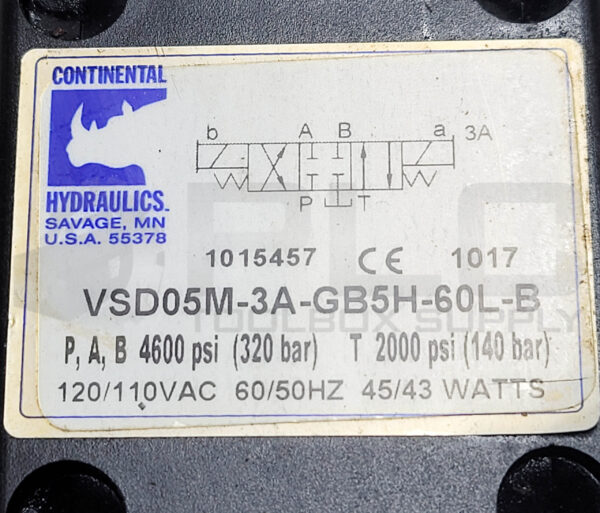 CONTINENTAL HYDRAULICS VSD05M-3A-GB5H-60L-B HYDRAULIC CONTROL VALVE 4600/2000PSI - Image 4