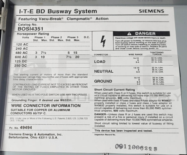 I-T-E SIEMENS BOS14351 BD SWITCH PLUG BUSWAY SYSTEM BOSI4351 B0S14351 30A 600V - Image 5