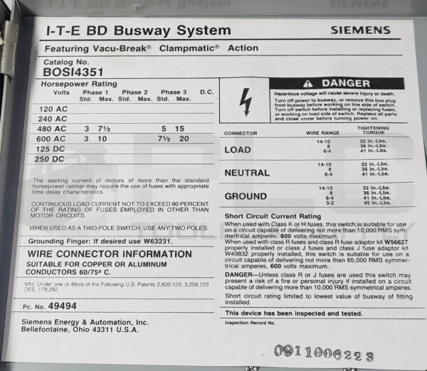 I-T-E SIEMENS BOS14351 BD SWITCH PLUG BUSWAY SYSTEM BOSI4351 B0S14351 30A 600V - Image 7