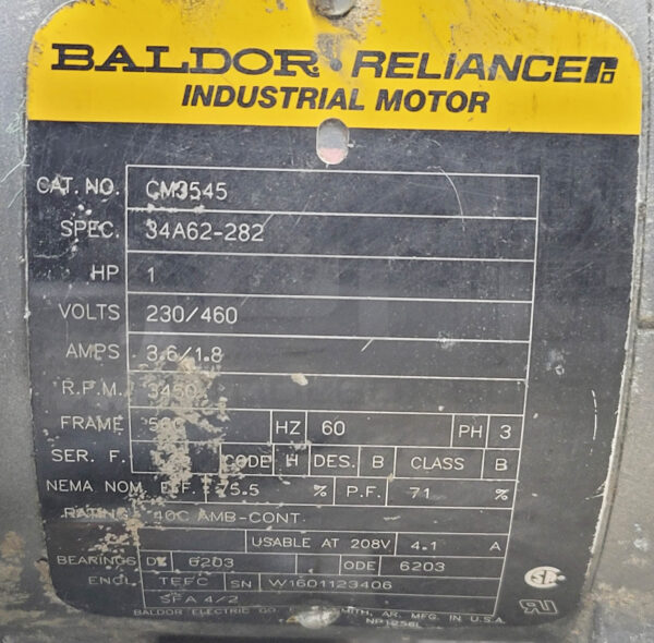 BALDOR CM3545 MOTOR 34A62-282 1HP W/ THOMSEN 41521-DA SANITARY CENTRIFUGAL PUMP - Image 7