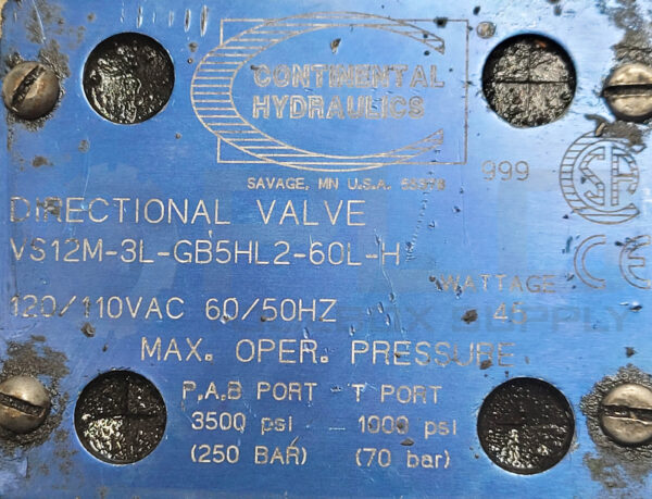 CONTINENTAL HYDRAULICS VS12M-3L-GB5HL2-60L-H DIRECTIONAL VALVE 120/110VAC - Image 4