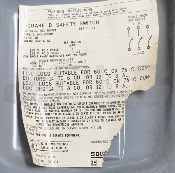 SQUARE D DU321 /E1 SAFETY SWITCH TYPE 1 30A 240VAC 1PH/3HP 3PH/7-1/2HP - Image 5