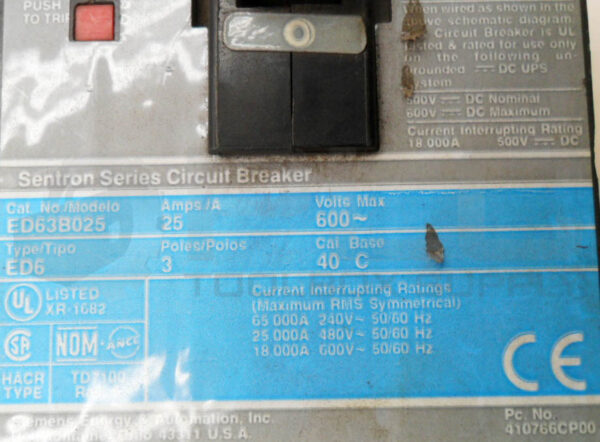 SIEMENS ED63B025 CIRCUIT BREAKER 25A 50/60HZ 600V 3 POLE ED6 - Image 5