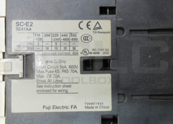 FUJI ELECTRIC SC-E2 CONTACTOR 600V 60A SE41AA W/ SZ-A20/T CONTACT BLOCK SZ1A20T - Image 6