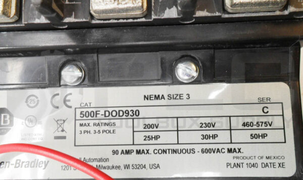 NEW ALLEN BRADLEY 500F-DOD930 /C STARTER SIZE 3 600VAC 90A W/ CD236 COIL - Image 8