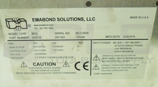 EMABOND MC2 SINGLE PHASE WELD POWER SUPPLY 98-125V 198-250V 47-63HZ 1.6A - Image 5