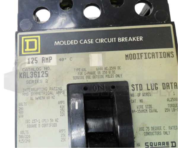 SQUARE D KAL36125 /2 CIRCUIT BREAKER 125A 600VAC 250VDC - Image 4