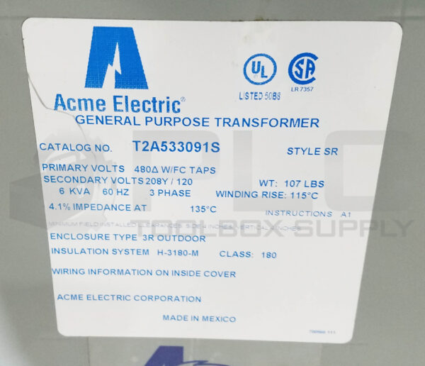ACME ELECTRIC T2A533091S GENERAL PURPOSE TRANSFORMER 6KVA - Image 4