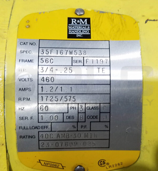 R&M MATERIALS HANDLING 35F167W538 CRANE MOTOR, 3/4HP 3PH 1725RPM FR: 56C - Image 6