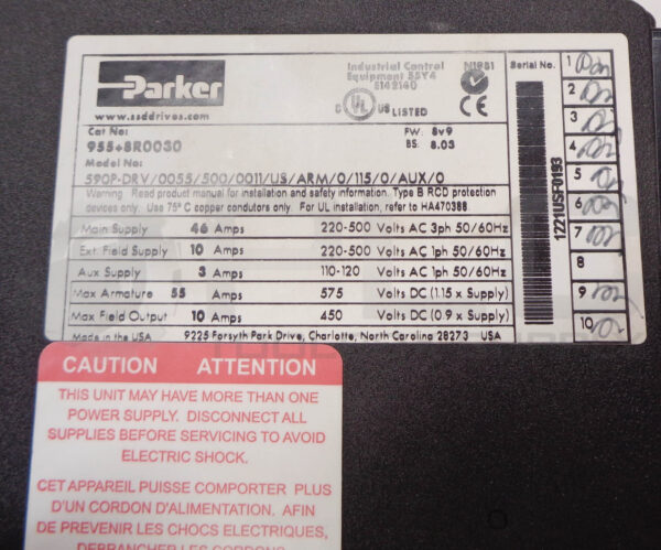 PARKER 955+8R0030 DC MOTOR DRIVE 590P-DRV/0055/500/0011/US/ARM/0/115/0/AUX/0 - Image 7