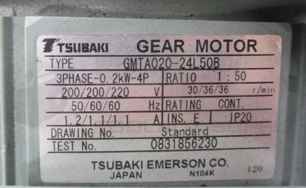 NEW TSUBAKI GMTA020-24L50B GEAR MOTOR 3PH 220V 36RPM RATIO: 1:50 - Image 5