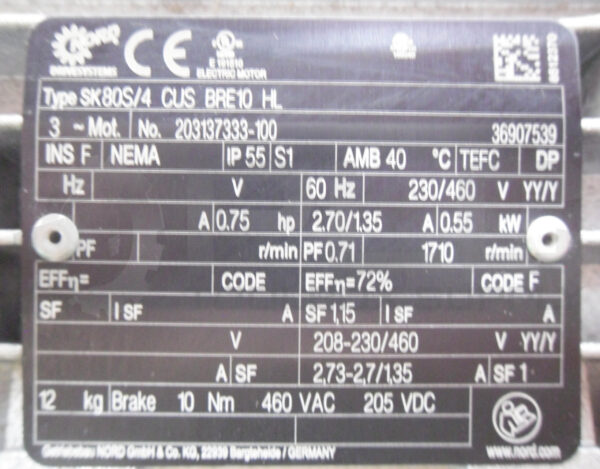 NORD DRIVESYSTEMS SK573.1-80S/4 CUS BRE10 GEAR REDUCER W/ SK80S/4 CUS BRE10 HL - Image 6