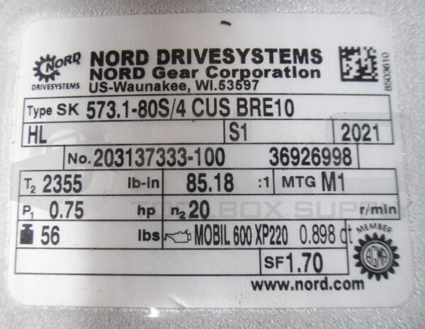 NORD DRIVESYSTEMS SK573.1-80S/4 CUS BRE10 GEAR REDUCER W/ SK80S/4 CUS BRE10 HL - Image 7