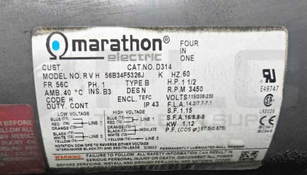 BURR KING 760 BELT SANDER W/ MARATHON D314 MOTOR 1.5HP 1PH 3450RPM FR: 56C - Image 5