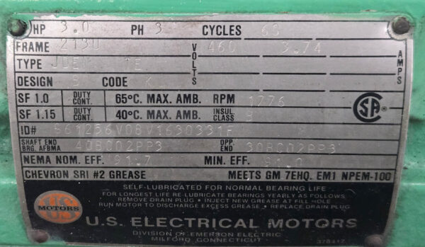 US ELECTRICAL MOTORS S61256V08V1630331F MOTOR 3HP 3PH 1776RPM FR: 2130, JDEN TE - Image 5