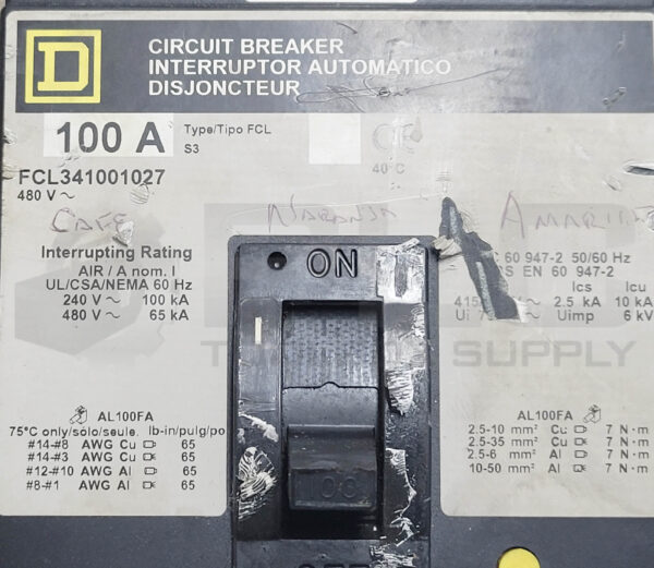 SQUARE D FCL341001027 CIRCUIT BREAKER 100A 480V 60HZ - Image 3