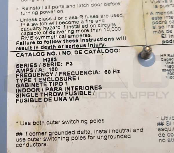 SQUARE D H363 /F3 HEAVY DUTY ENCLOSED SWITCH 100A 60HZ 600VAC 600VDC - Image 10