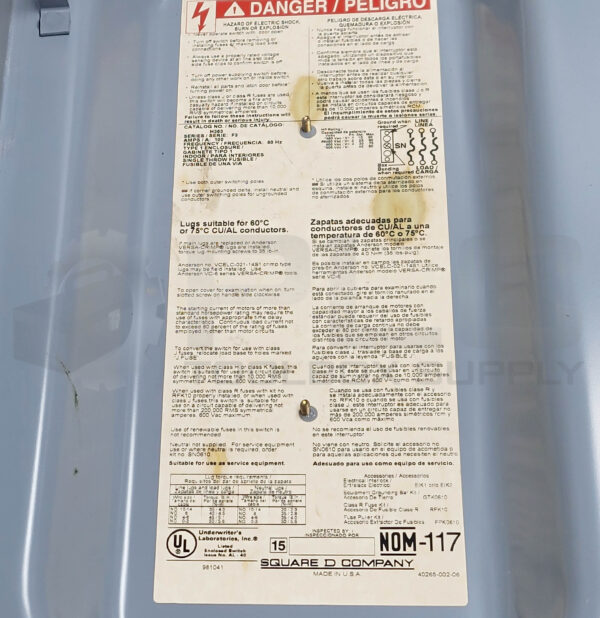 SQUARE D H363 /F3 HEAVY DUTY ENCLOSED SWITCH 100A 60HZ 600VAC 600VDC - Image 9