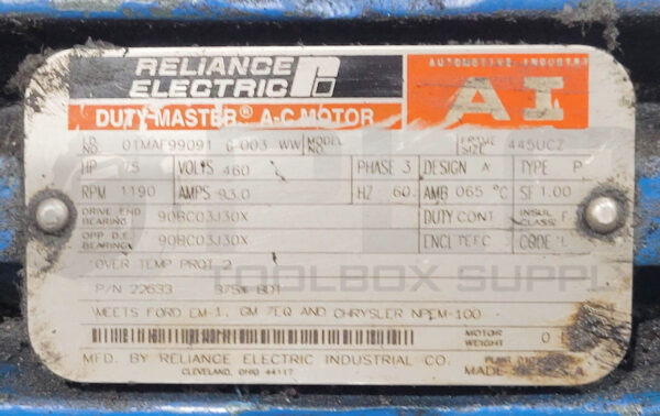 RELIANCE ELECTRIC 01MAF99091 G 003 WW DUTY-MASTER AC MOTOR 75HP 3PH 445UCZ FRAME - Image 7