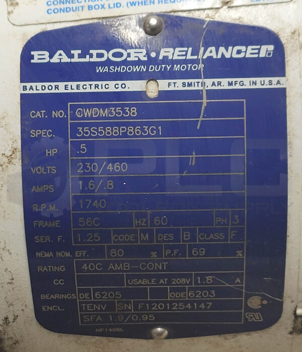BALDOR CWDM3538 MOTOR 35S588P863G1 WASHDOWN DUTY 0.5HP 230/460V 1.6/0.8A 1740RPM - Image 5