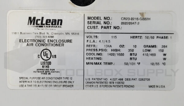 MCLEAN CR23-0216-G002H AIR CONDITIONER PANEL MOUNT 115V 50/60HZ 1PH 4.1/4.5FLA - Image 5