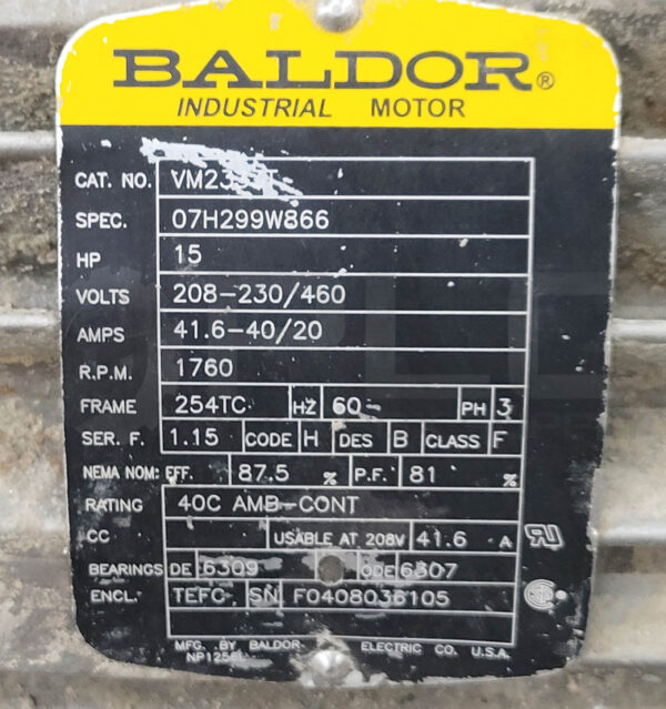 BALDOR VM2333T INDUSTRIAL MOTOR 07H299W866 SPEC 15HP 208-230/460V 41.6-40/20A - Image 4