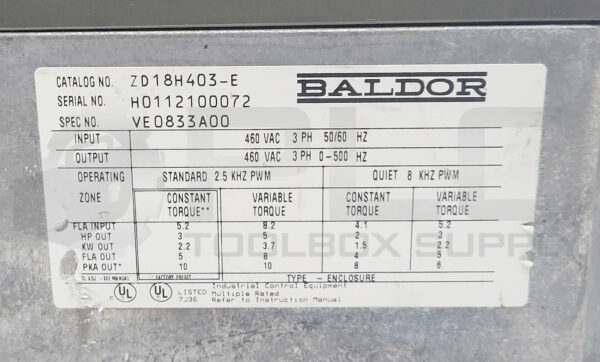 BALDOR ZD18H403-E VECTOR DRIVE SPEC VE0833A00 AC CONTROLLER 460VAC 3PH - Image 6