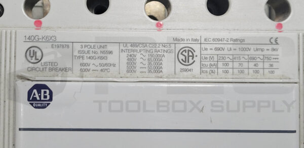 ALLEN BRADLEY 140G-K6X3 -D30 CIRCUIT BREAKER 300A 3P 600V 50/60HZ CBB1218228 - Image 4
