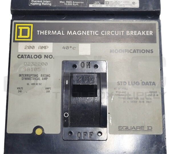 SQUARE D Q232200 CIRCUIT BREAKER 200A THERMAL MAGNETIC 240V 10KA DAMAGED PLASTIC - Image 5