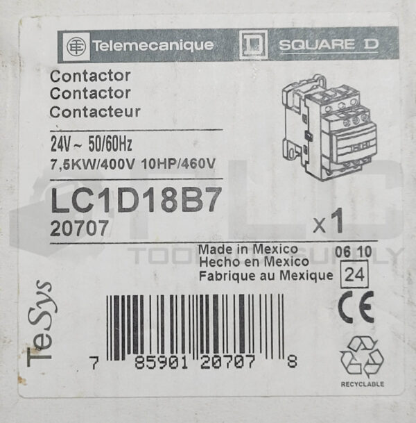 NEW TELEMECANIQUE LC1D18B7 CONTACTOR 24V 50/60HZ 7.5KW/400V 10HP/460V - Image 6