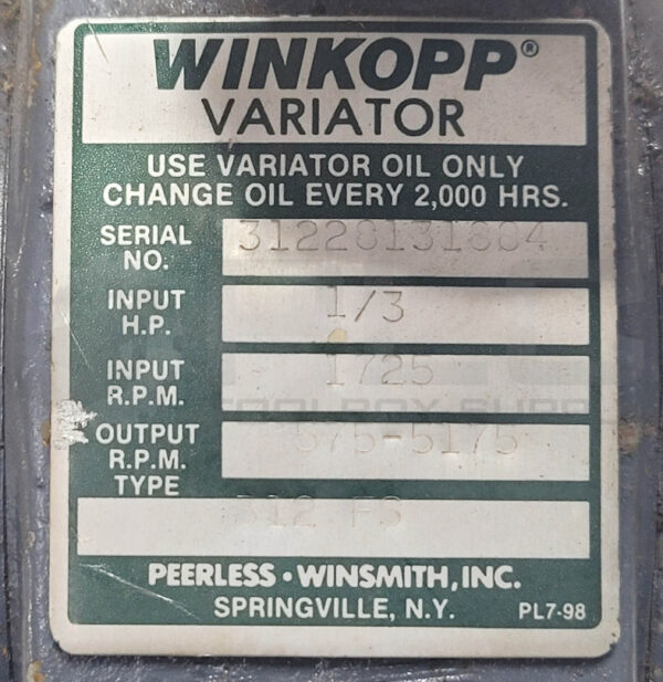 WINKOPP 312FS VARIATOR GEARBOX 1/3HP 1725RPM 575-5175RPM OUT - Image 5