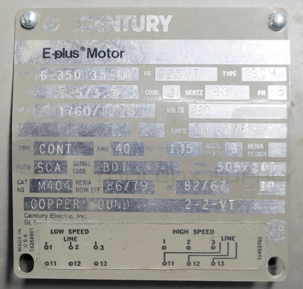 NEW CENTURY 6-350135-01 E PLUS MOTOR S254T FRAME TYPE SCM 7.5/3.3HP 60HZ 3PH - Image 8