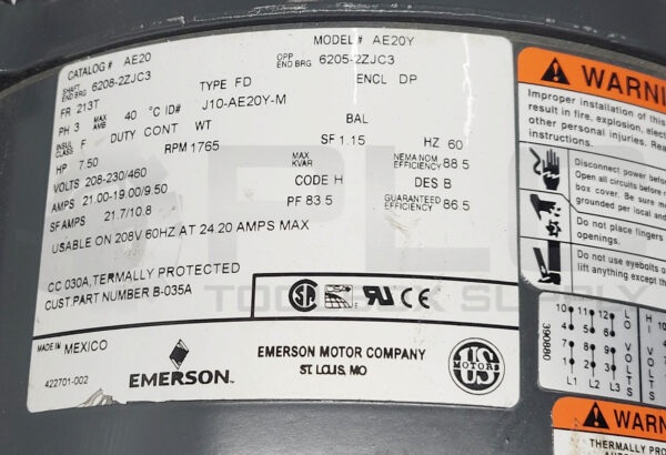NEW US MOTORS AE20Y MOTOR 213T FRAME 7.5HP 1765RPM 60HZ 208-230/460V 21-19/9.5A - Image 6