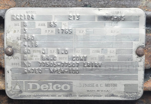DELCO 2G2104 MOTOR 3PH AC FRAME 213 3HP 1765RPM 460V 4.16A 60HZ - Image 7