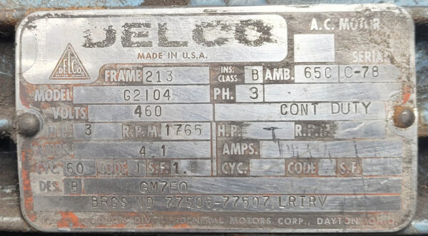 DELCO G2104 MOTOR AC 213 FRAME 3PH 460V 3HP 1765RPM 4.1A 60CYC - Image 7