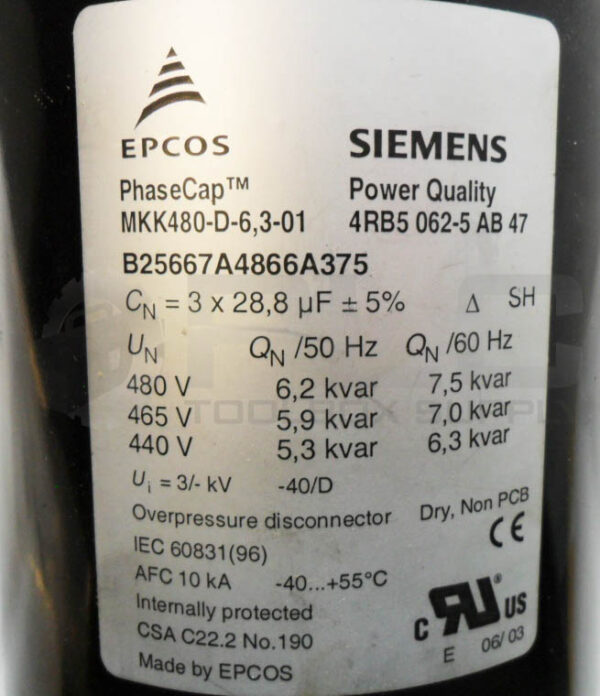 SIEMENS MKK480-D-6.3-01 HEAVY DUTY CAPACITOR 50/60HZ 480V - Image 5