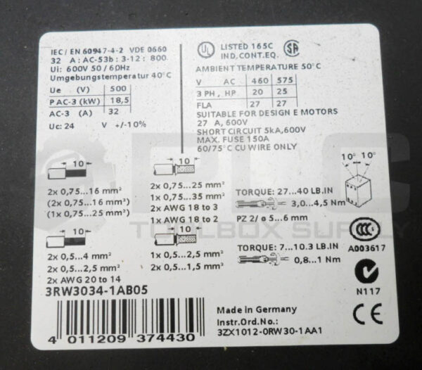 SIEMENS 3RW3034-1AB05 CONTACTOR 600V 50/60HZ - Image 5