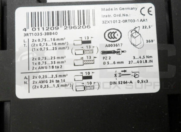 SIEMENS 3RT1035-3BB40 CONTACTOR 60A 690V - Image 6