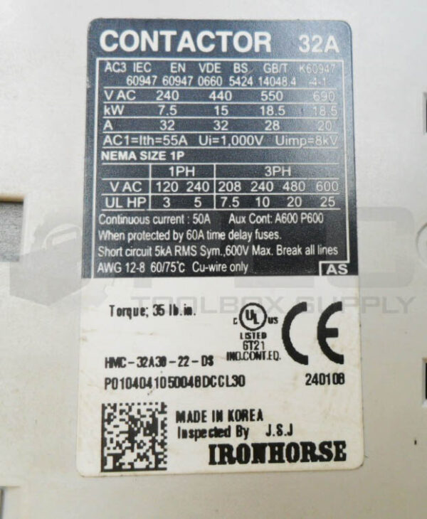 IRONHORSE HMC-32A30-22-DS CONTACTOR 32A 690V HMC-32A - Image 5