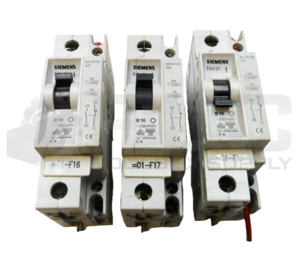 LOT OF 3 SIEMENS 5SX21 B16 CIRCUIT BREAKER 230-400V W/ 5SX9100 HS CONTACT BLOCK