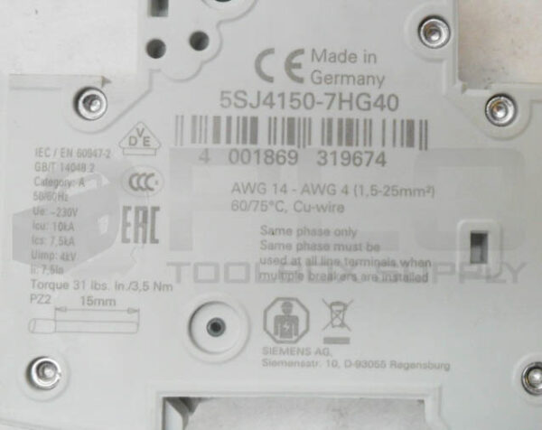 SIEMENS 5SJ4150-7HG40 CIRCUIT BREAKER 50A 1 POLE 50/60HZ 230V - Image 5