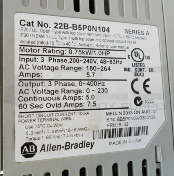 ALLEN BRADLEY 22B-B5P0N104 /A POWERFLEX 40 AC DRIVE 200-240V 48-63HZ 3PH 5.7A - Image 6