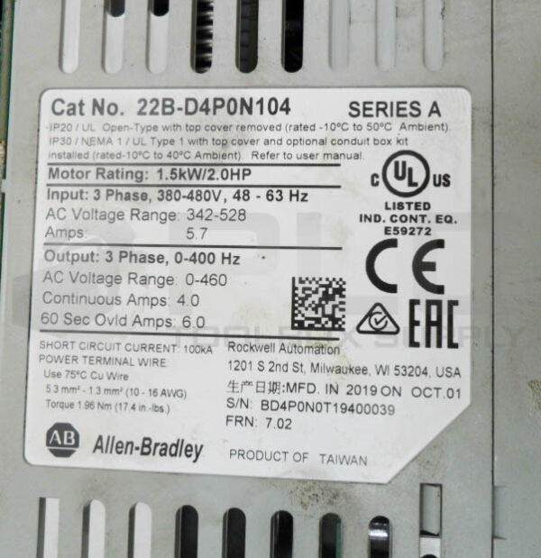 ALLEN BRADLEY 22B-D4P0N104 /A POWERFLEX 40 AC DRIVE 380-480V 48-63HZ 3PH *READ* - Image 5
